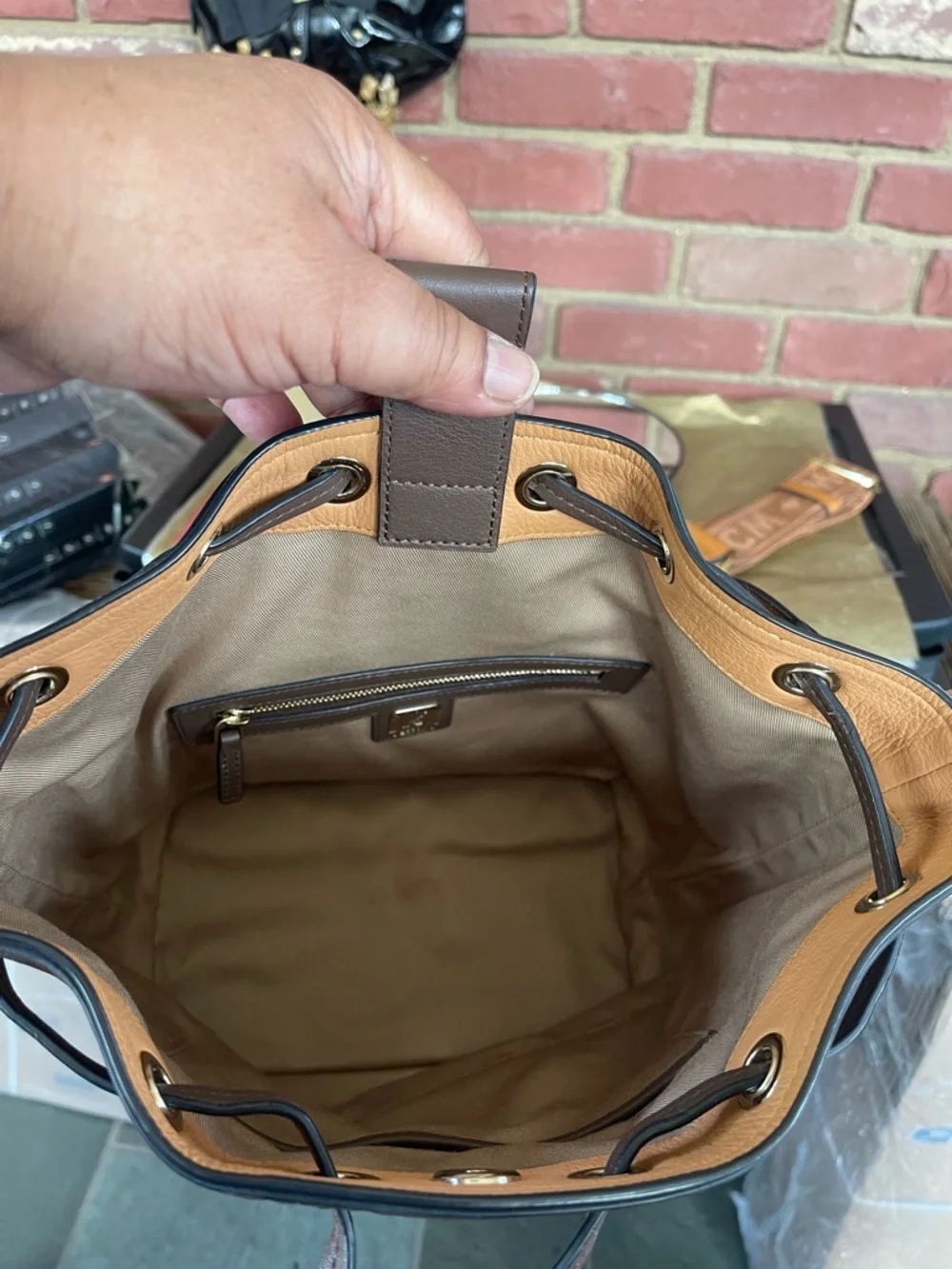 🔥MCM 🔥Brown 🔥Monogram 🔥Drawstring🔥 Tote with Shoulder Strap🔥 - Picture 11 of 13